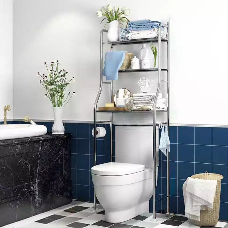 Over The Toilet Storage Cabinet, Metal Bathroom Organizer with Paper Holder & Hooks, No Drill Floor Standing, White
