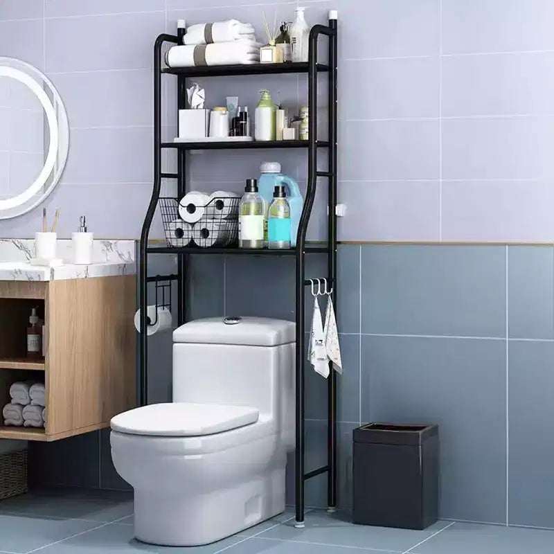 Over The Toilet Storage Cabinet, Metal Bathroom Organizer with Paper Holder & Hooks, No Drill Floor Standing, White