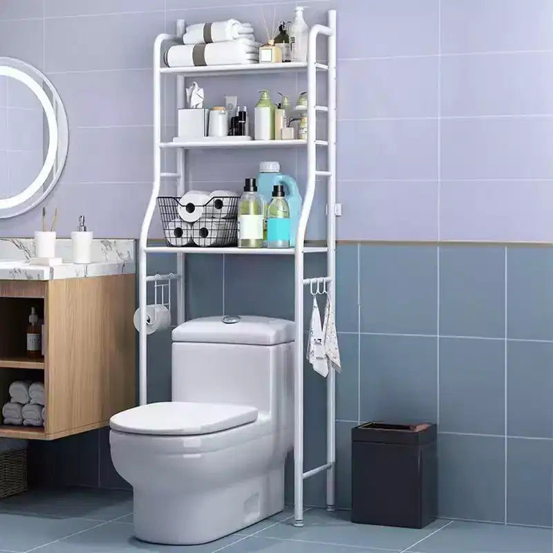 Over The Toilet Storage Cabinet, Metal Bathroom Organizer with Paper Holder & Hooks, No Drill Floor Standing, White