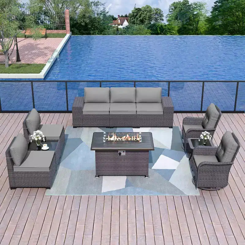 ALAULM Ensemble de mobilier de patio 10 pièces, salons de conversation d'extérieur en rotin avec foyer au propane de 43, fauteuils pivotants à bascule