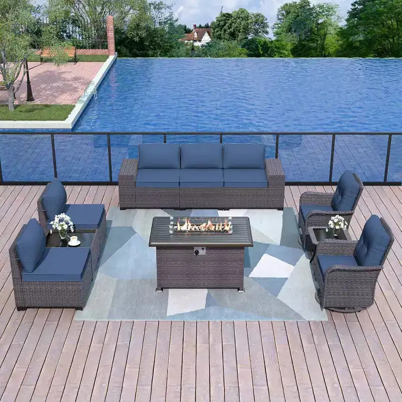 ALAULM Ensemble de mobilier de patio 10 pièces, salons de conversation d'extérieur en rotin avec foyer au propane de 43, fauteuils pivotants à bascule