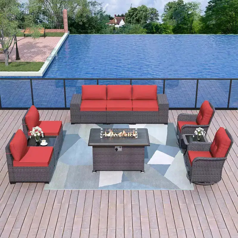 ALAULM Ensemble de mobilier de patio 10 pièces, salons de conversation d'extérieur en rotin avec foyer au propane de 43, fauteuils pivotants à bascule