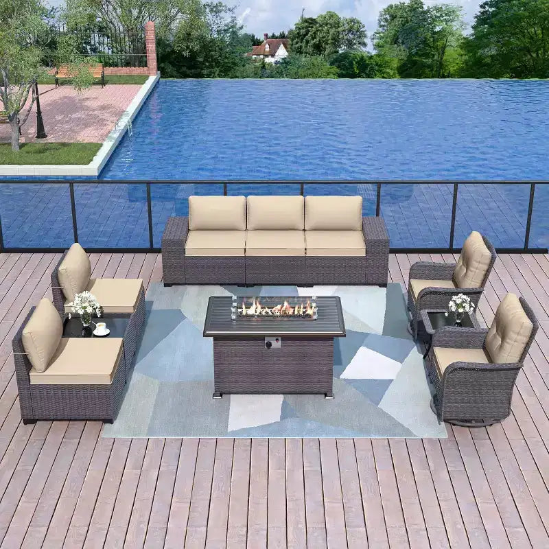 ALAULM Ensemble de mobilier de patio 10 pièces, salons de conversation d'extérieur en rotin avec foyer au propane de 43, fauteuils pivotants à bascule