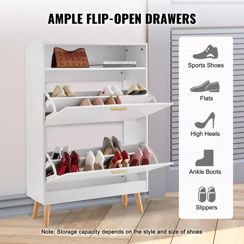 Shoe Cabinet with 2 Flip Drawers, Entryway Shoe Storage Organizer with Top Storage Cubby, White