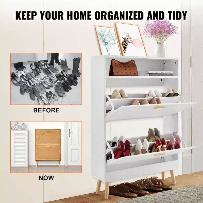 Shoe Cabinet with 2 Flip Drawers, Entryway Shoe Storage Organizer with Top Storage Cubby, White