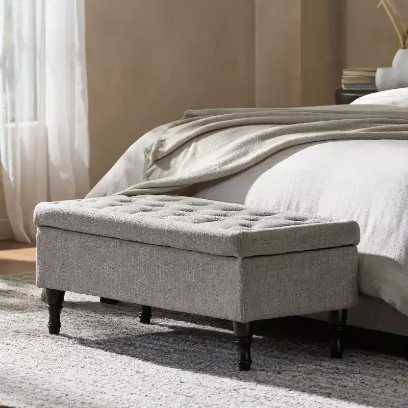 Storage Ottoman Bench with Tufted Button Upholstery, Multifunctional Footrest Stool with Spindle Wood Legs for Bedroom and Couch