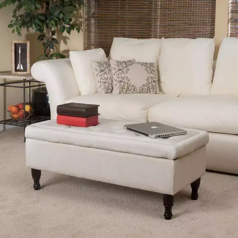 Storage Ottoman Bench with Tufted Button Upholstery, Multifunctional Footrest Stool with Spindle Wood Legs for Bedroom and Couch