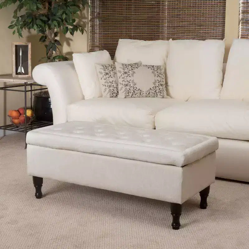 Storage Ottoman Bench with Tufted Button Upholstery, Multifunctional Footrest Stool with Spindle Wood Legs for Bedroom and Couch