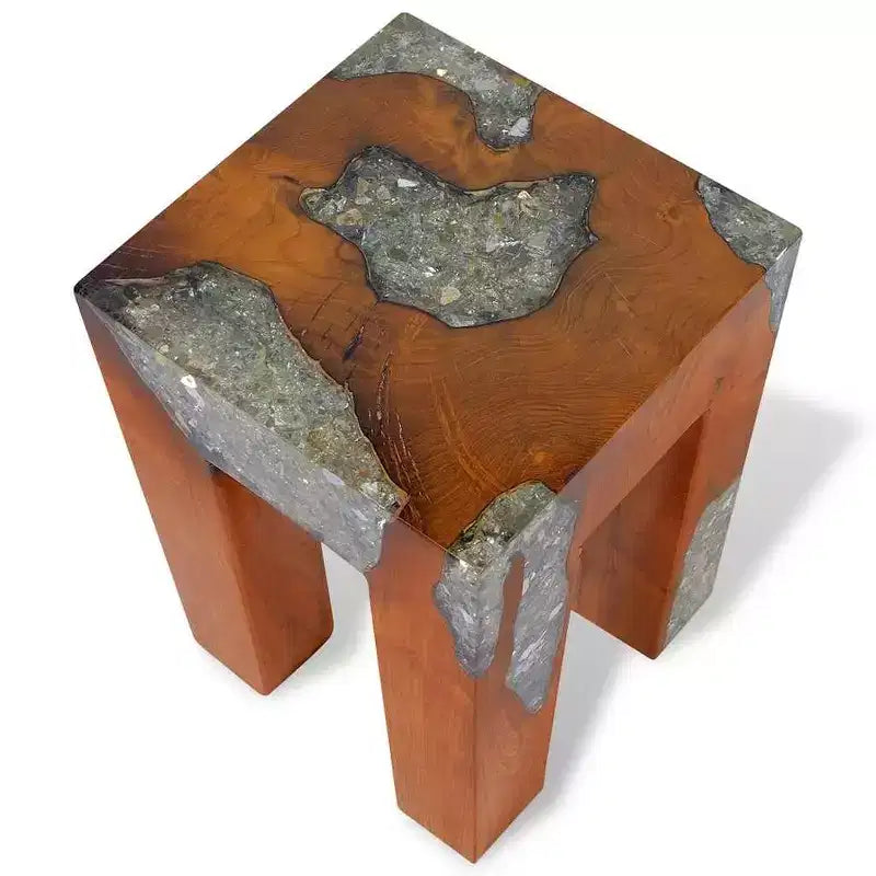 Stool Multicolor Solid Teak Wood and Resin