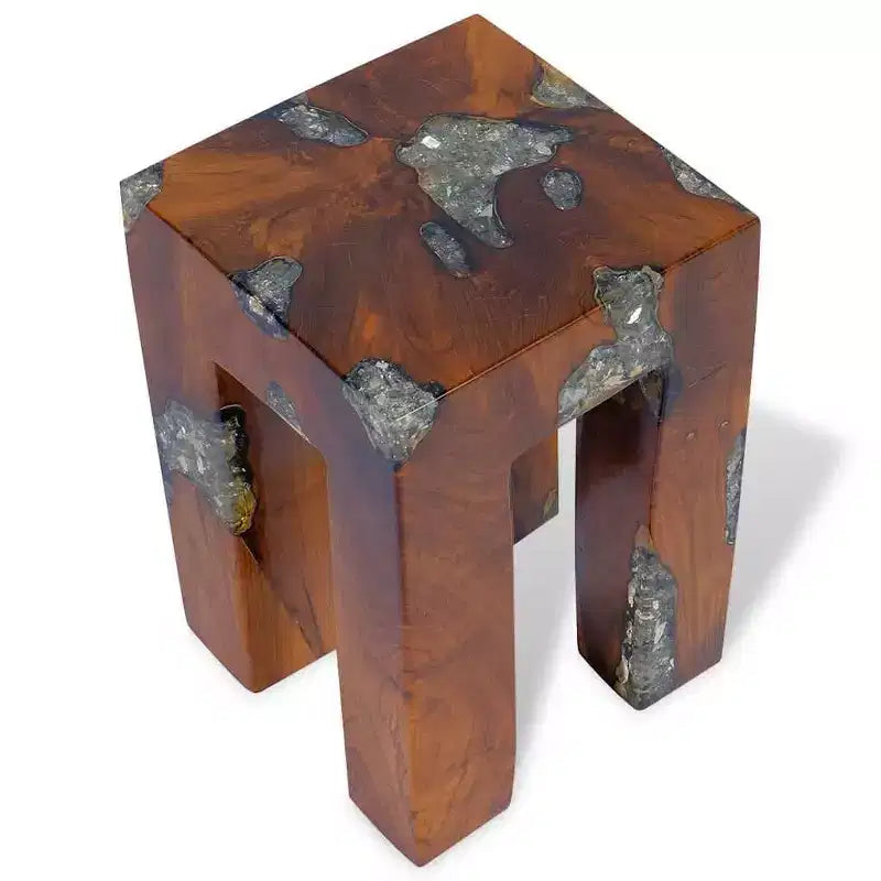 Stool Multicolor Solid Teak Wood and Resin