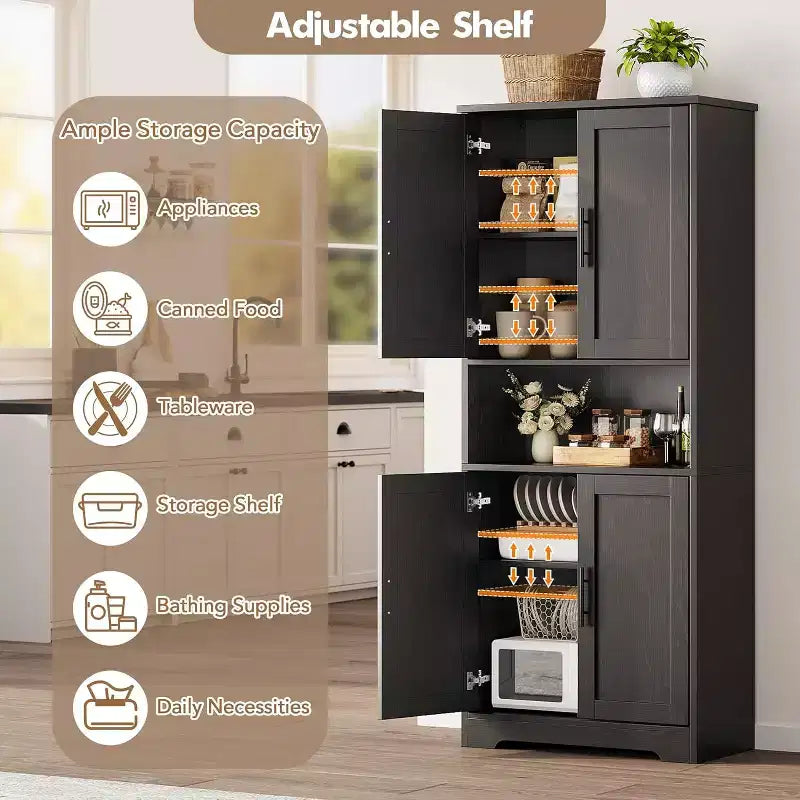70 in Tall Kitchen Storage Pantry Cabinet with 4 Doors and Adjustable Shelves, Freestanding Cupboard for Dining Room, Bathroom, Laundry Room
