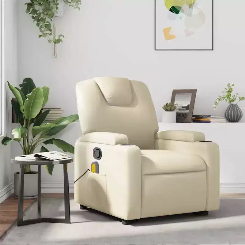 Massage Recliner Chair with 6-Point Vibration, Adjustable, Cream Leather
