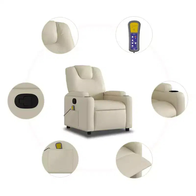 Massage Recliner Chair with 6-Point Vibration, Adjustable, Cream Leather