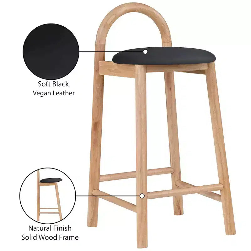 Black Vegan Leather Counter Stool, Natural Wood Frame