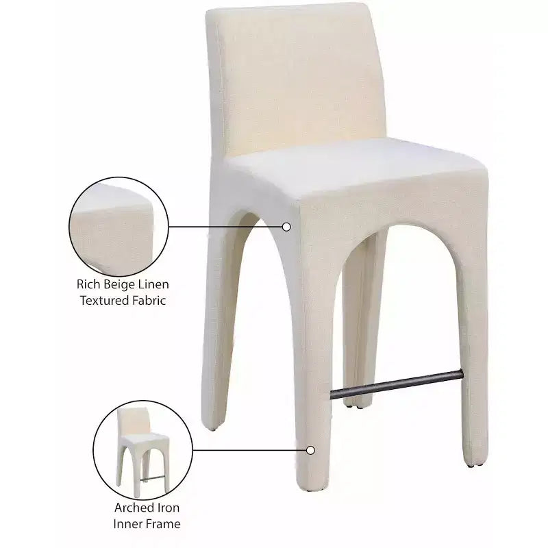 Beige Linen Textured Fabric Counter Stool, Art Deco Design