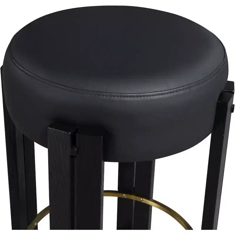 Black Vegan Leather Backless Counter Stool with Brushed Brass Footrest