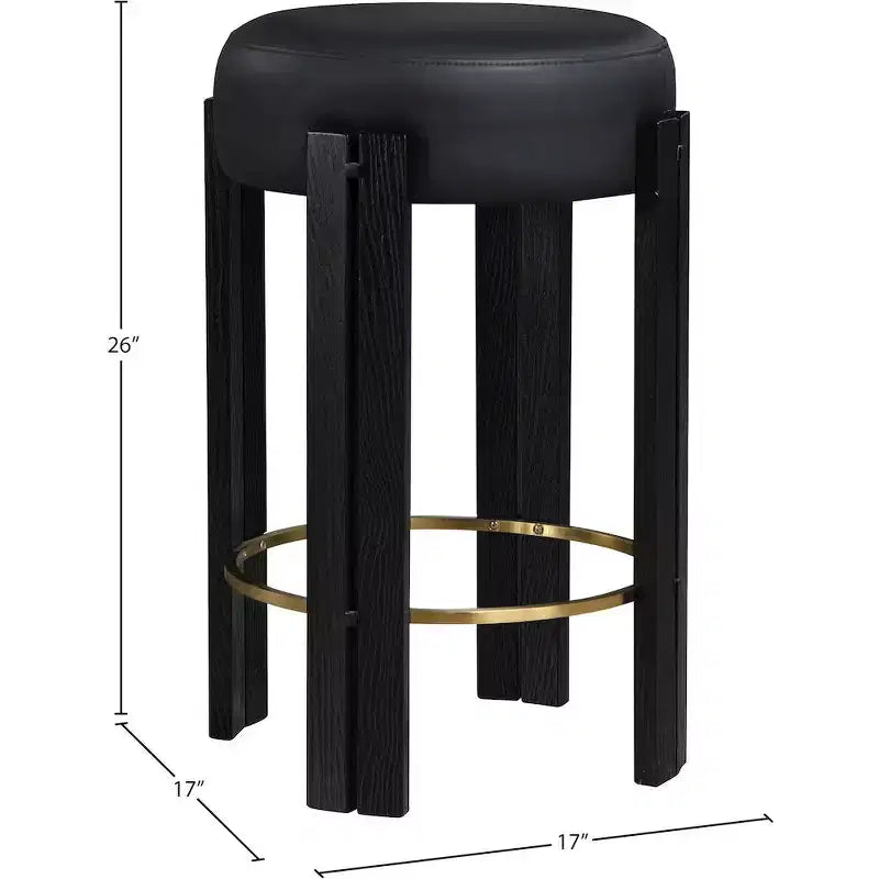 Black Vegan Leather Backless Counter Stool with Brushed Brass Footrest