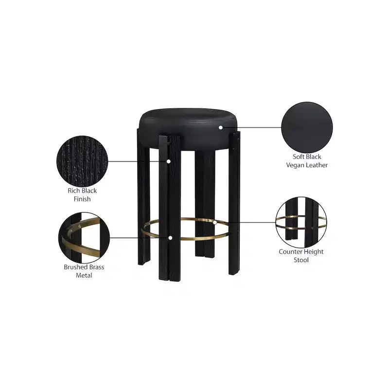 Black Vegan Leather Backless Counter Stool with Brushed Brass Footrest