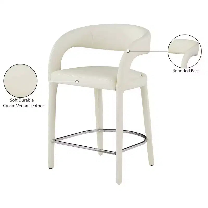 Cream Vegan Leather Counter Stool, Fully Upholstered