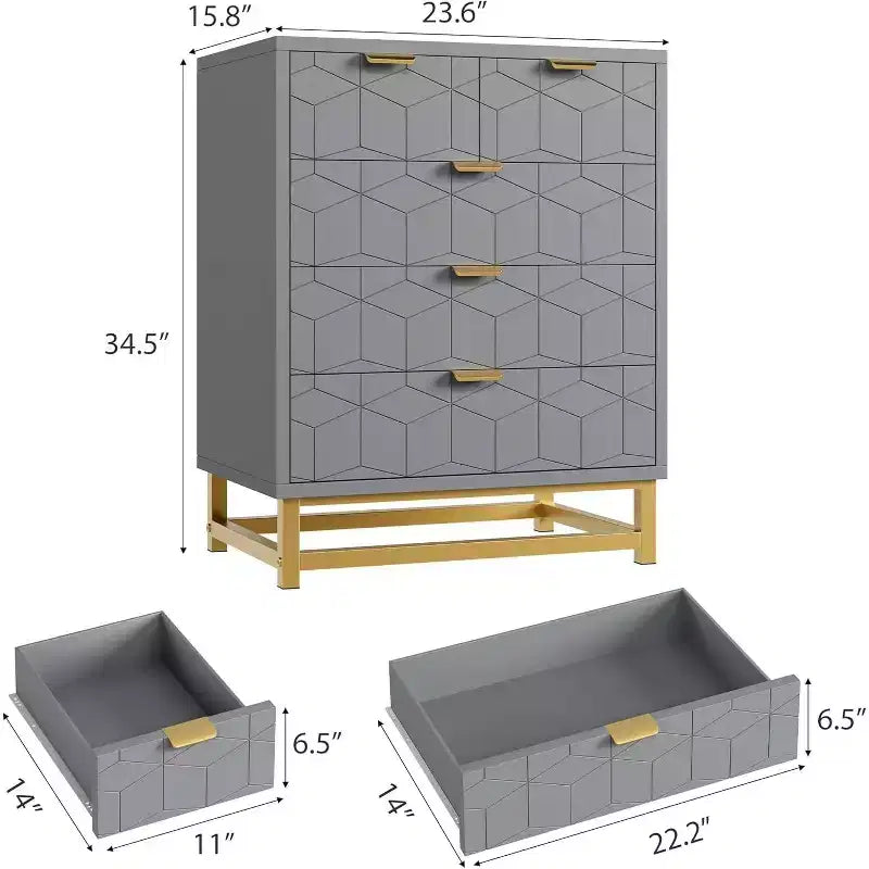 Grey 5-Drawer Dresser with Metal Base - Modern Chest of Drawers for Bedroom, Living Room & Closet Organization