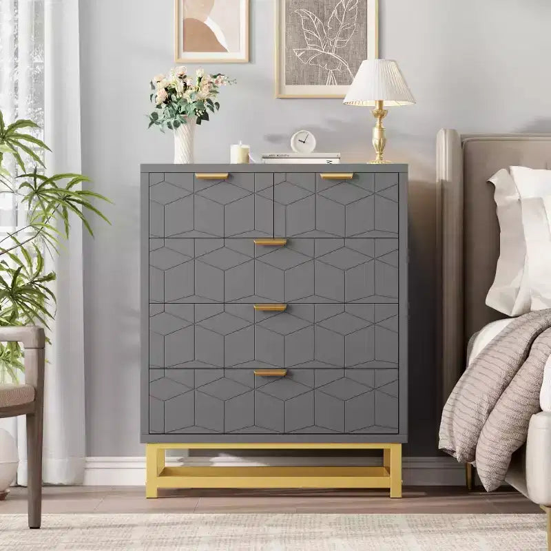 Grey 5-Drawer Dresser with Metal Base - Modern Chest of Drawers for Bedroom, Living Room & Closet Organization