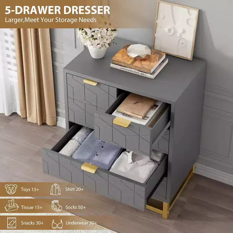 Grey 5-Drawer Dresser with Metal Base - Modern Chest of Drawers for Bedroom, Living Room & Closet Organization