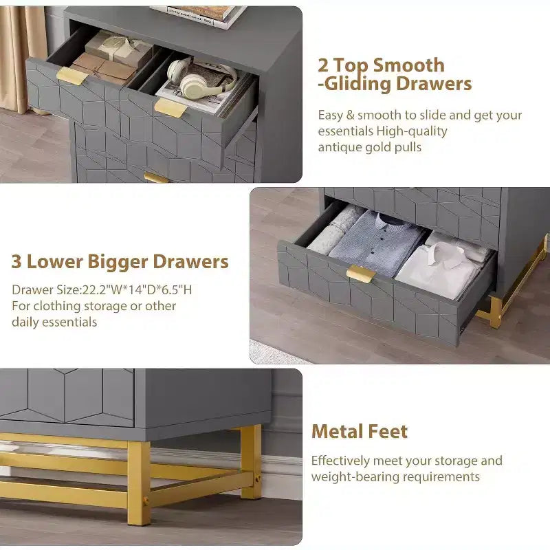 Grey 5-Drawer Dresser with Metal Base - Modern Chest of Drawers for Bedroom, Living Room & Closet Organization