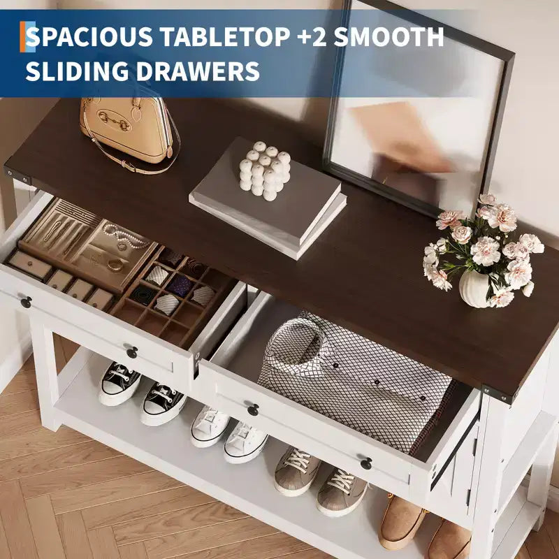 47.2 Farmhouse Console Table, with 2 Drawers, 4-Door and Open Shelf, Coffee Bar Cabinet, Narrow Buffet Sideboard for Kitchen, Hallway, Living Room