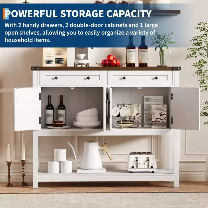 47.2 Farmhouse Console Table, with 2 Drawers, 4-Door and Open Shelf, Coffee Bar Cabinet, Narrow Buffet Sideboard for Kitchen, Hallway, Living Room