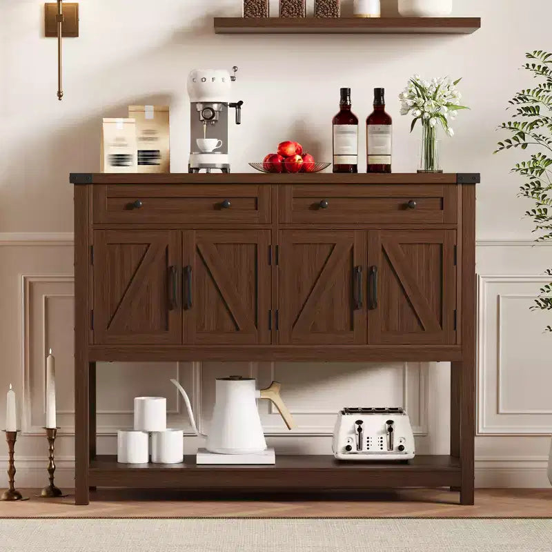 47.2 Farmhouse Console Table, with 2 Drawers, 4-Door and Open Shelf, Coffee Bar Cabinet, Narrow Buffet Sideboard for Kitchen, Hallway, Living Room