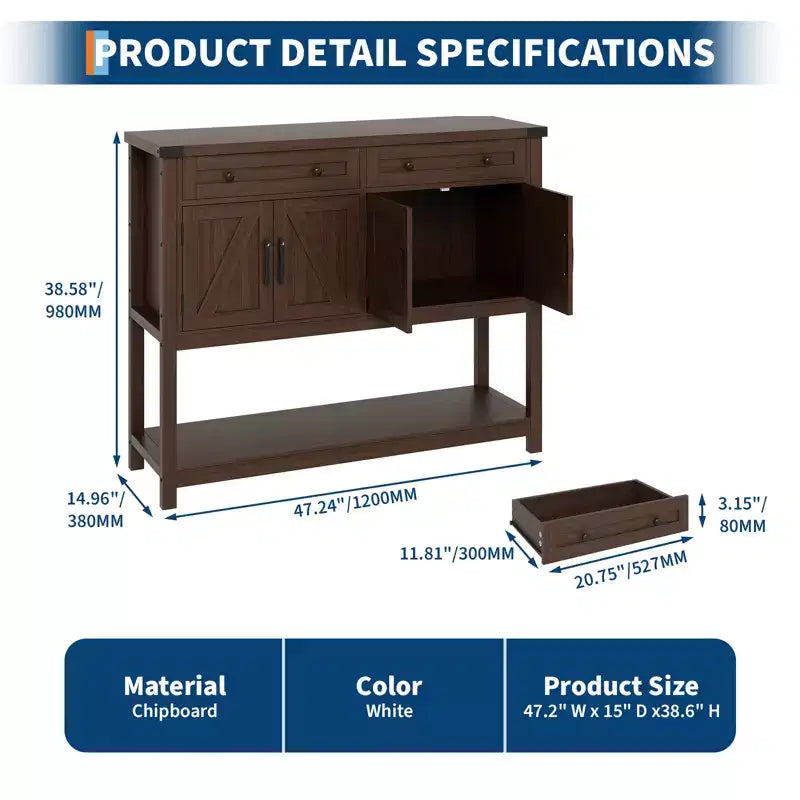 47.2 Farmhouse Console Table, with 2 Drawers, 4-Door and Open Shelf, Coffee Bar Cabinet, Narrow Buffet Sideboard for Kitchen, Hallway, Living Room