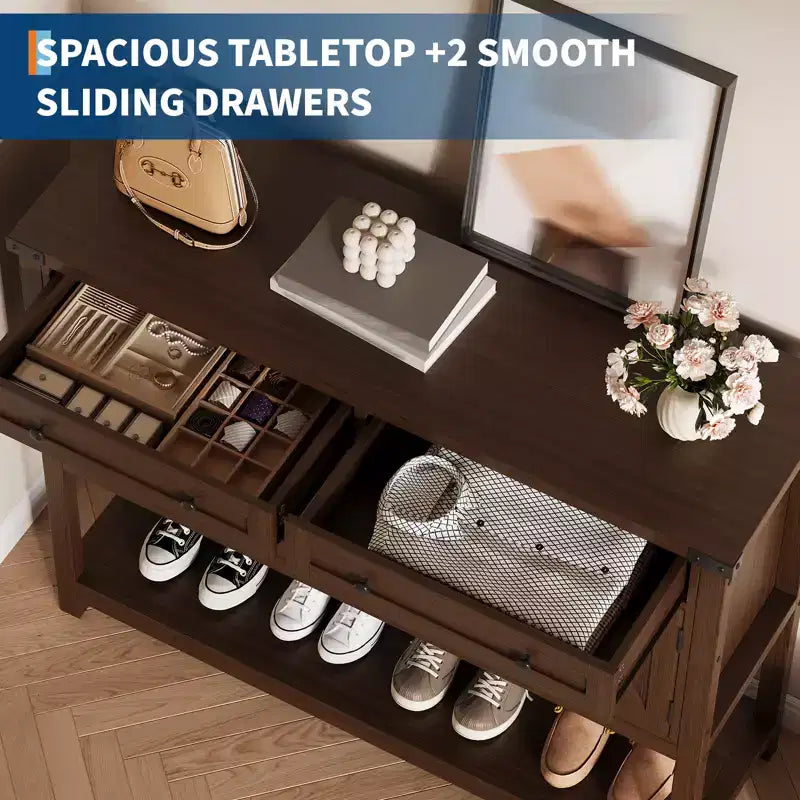 47.2 Farmhouse Console Table, with 2 Drawers, 4-Door and Open Shelf, Coffee Bar Cabinet, Narrow Buffet Sideboard for Kitchen, Hallway, Living Room