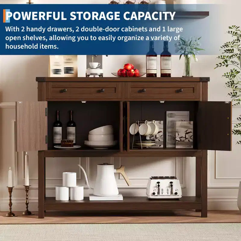 47.2 Farmhouse Console Table, with 2 Drawers, 4-Door and Open Shelf, Coffee Bar Cabinet, Narrow Buffet Sideboard for Kitchen, Hallway, Living Room