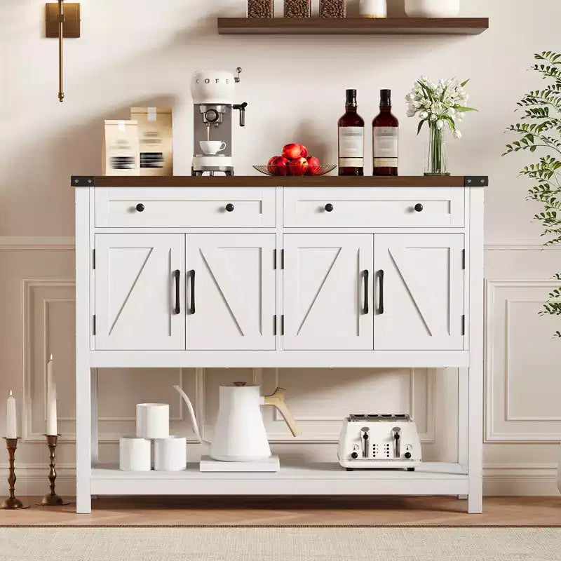 47.2 Farmhouse Console Table, with 2 Drawers, 4-Door and Open Shelf, Coffee Bar Cabinet, Narrow Buffet Sideboard for Kitchen, Hallway, Living Room