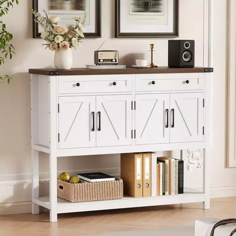 47.2 Farmhouse Console Table, with 2 Drawers, 4-Door and Open Shelf, Coffee Bar Cabinet, Narrow Buffet Sideboard for Kitchen, Hallway, Living Room