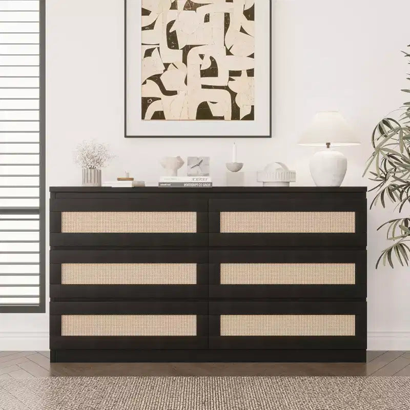 Rattan Dresser for Bedroom, 6 Drawer Double Dresser for Bedroom with Smooth Mental Slide, Modern Wood Chest of Drawers, Black