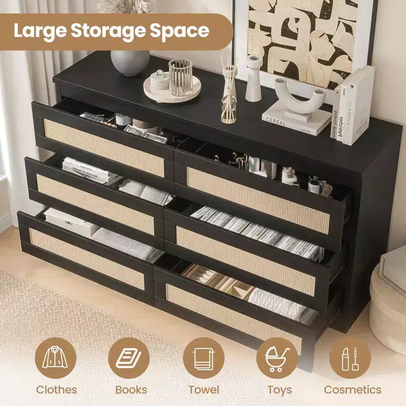 Rattan Dresser for Bedroom, 6 Drawer Double Dresser for Bedroom with Smooth Mental Slide, Modern Wood Chest of Drawers, Black