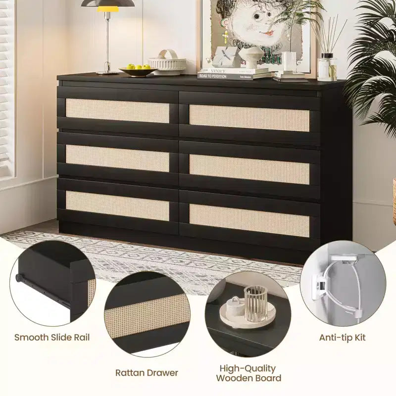 Rattan Dresser for Bedroom, 6 Drawer Double Dresser for Bedroom with Smooth Mental Slide, Modern Wood Chest of Drawers, Black