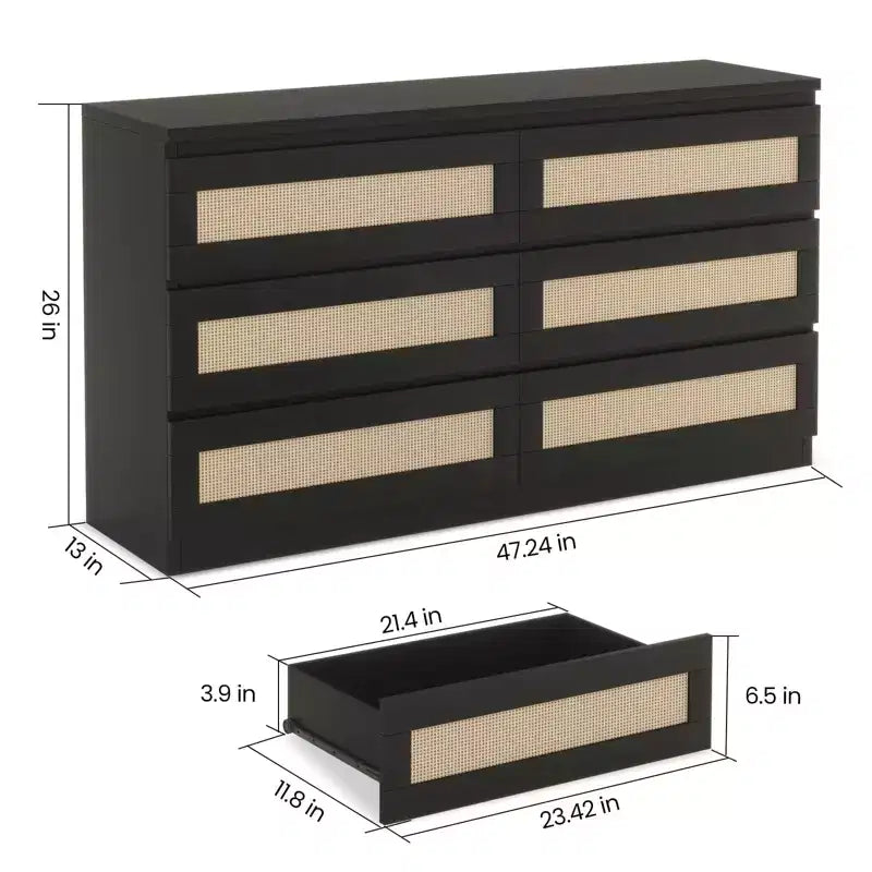 Rattan Dresser for Bedroom, 6 Drawer Double Dresser for Bedroom with Smooth Mental Slide, Modern Wood Chest of Drawers, Black