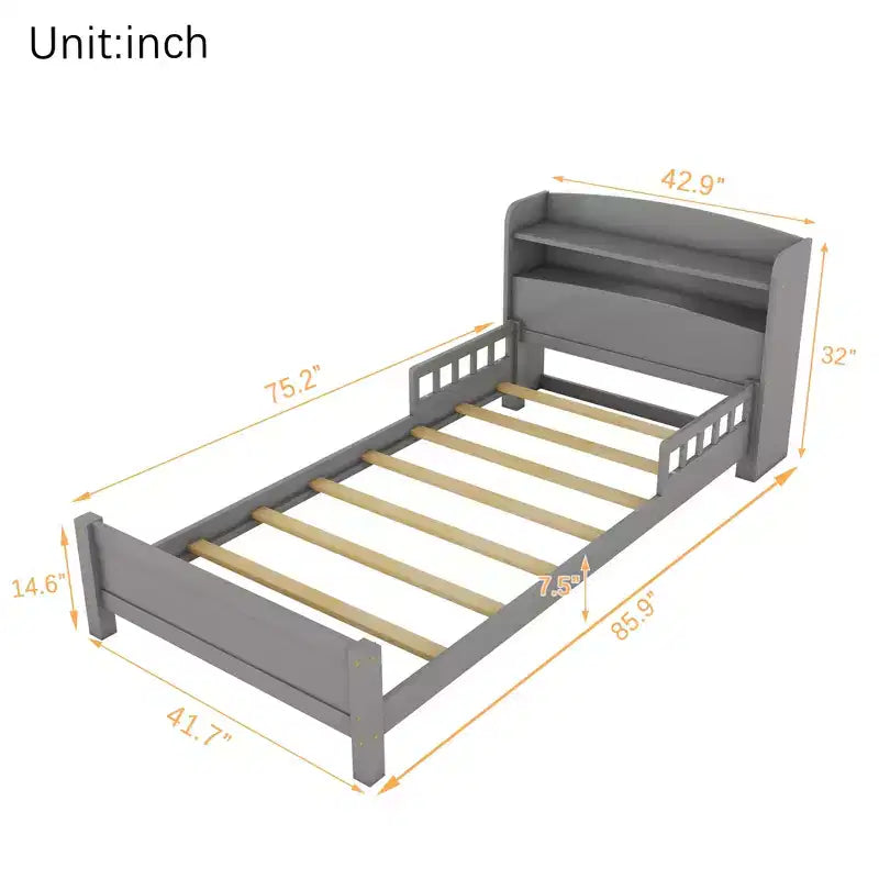 Twin Pine Wood Bed with Bookcase Headboard and Safety Guardrails, Gray