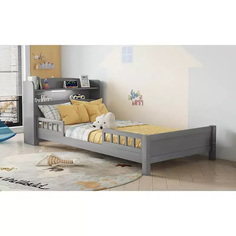 Twin Pine Wood Bed with Bookcase Headboard and Safety Guardrails, Gray