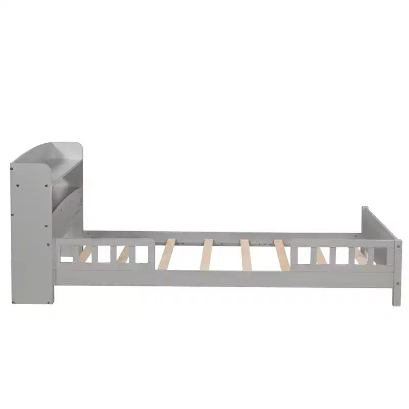 Twin Pine Wood Bed with Bookcase Headboard and Safety Guardrails, Gray