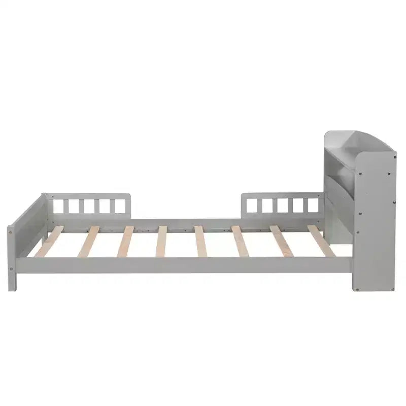 Twin Pine Wood Bed with Bookcase Headboard and Safety Guardrails, Gray