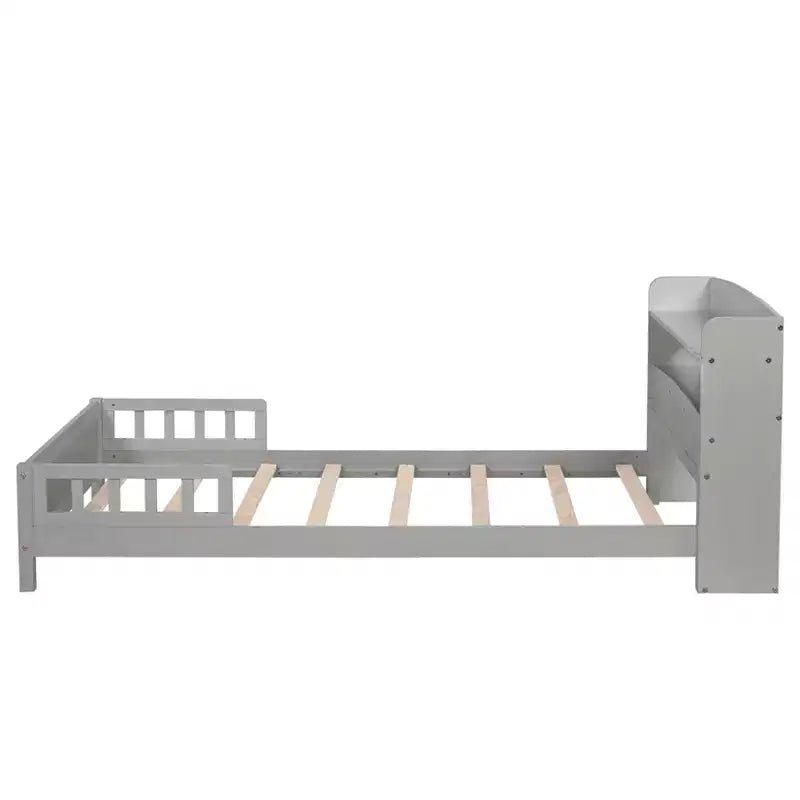 Twin Pine Wood Bed with Bookcase Headboard and Safety Guardrails, Gray