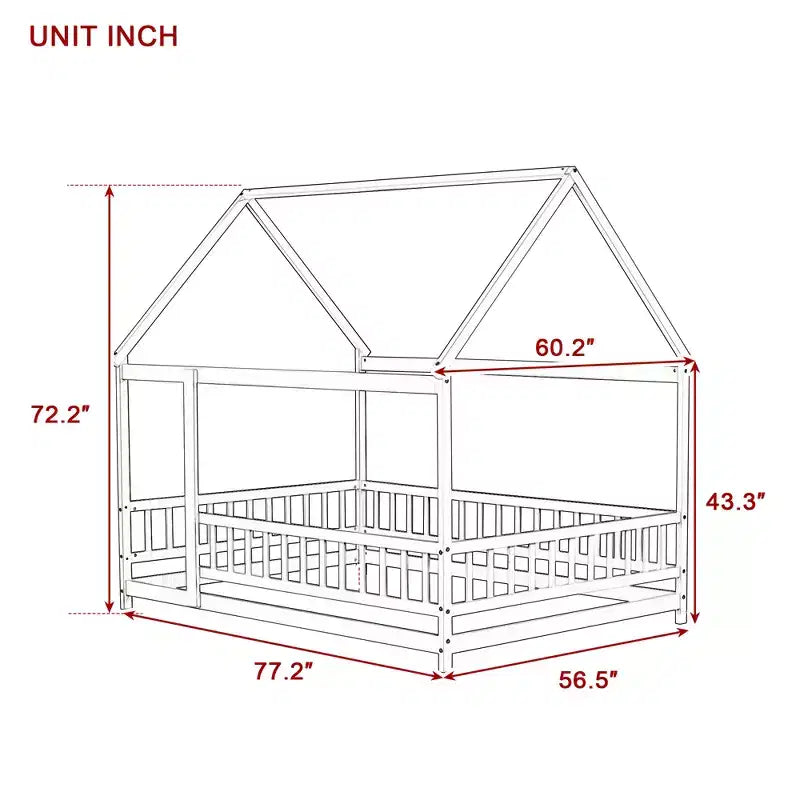 Full House Floor Wooden Bed with Floor Frames and Safety Guardrails, Beige