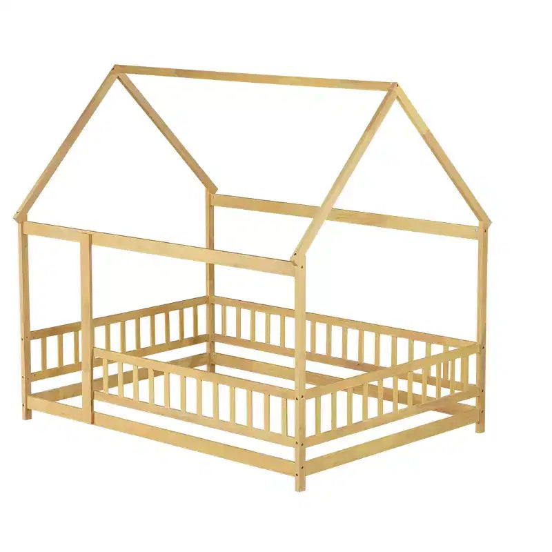 Full House Floor Wooden Bed with Floor Frames and Safety Guardrails, Beige