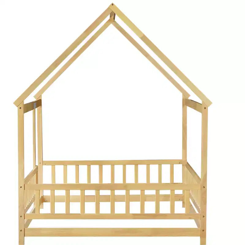 Full House Floor Wooden Bed with Floor Frames and Safety Guardrails, Beige
