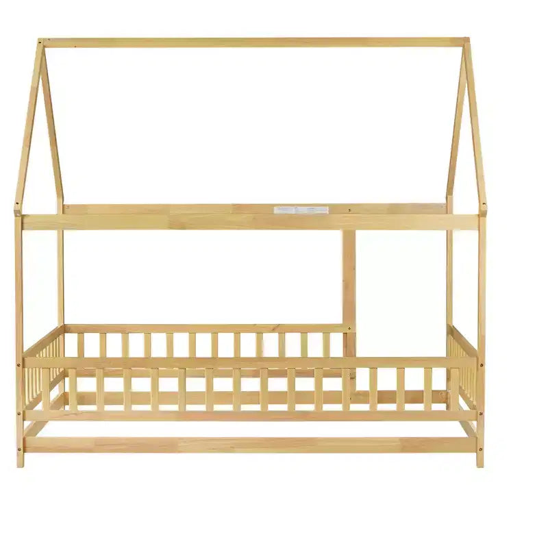 Full House Floor Wooden Bed with Floor Frames and Safety Guardrails, Beige