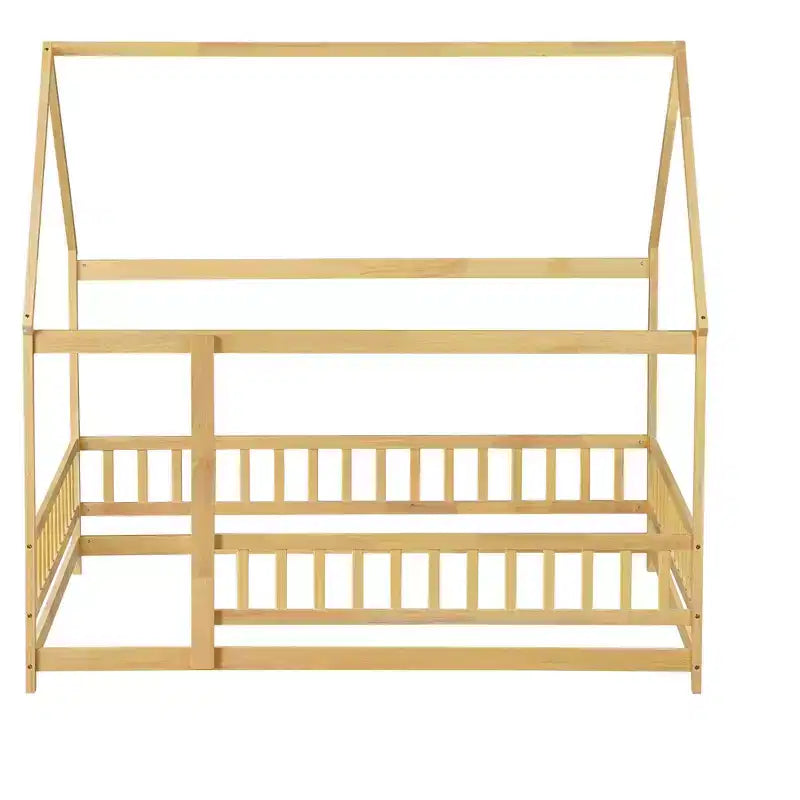 Full House Floor Wooden Bed with Floor Frames and Safety Guardrails, Beige