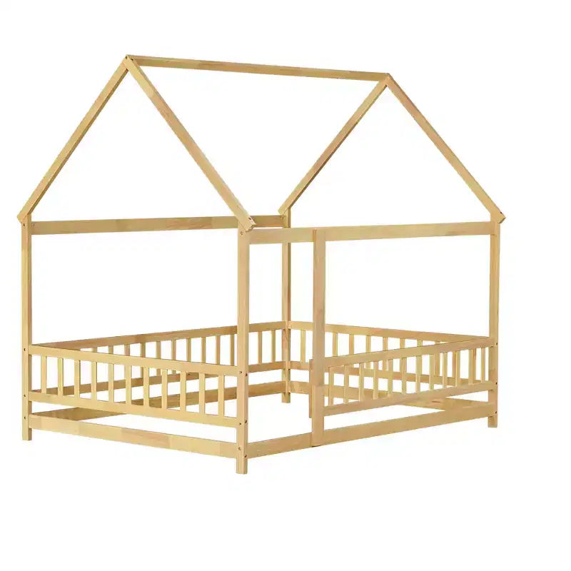 Full House Floor Wooden Bed with Floor Frames and Safety Guardrails, Beige